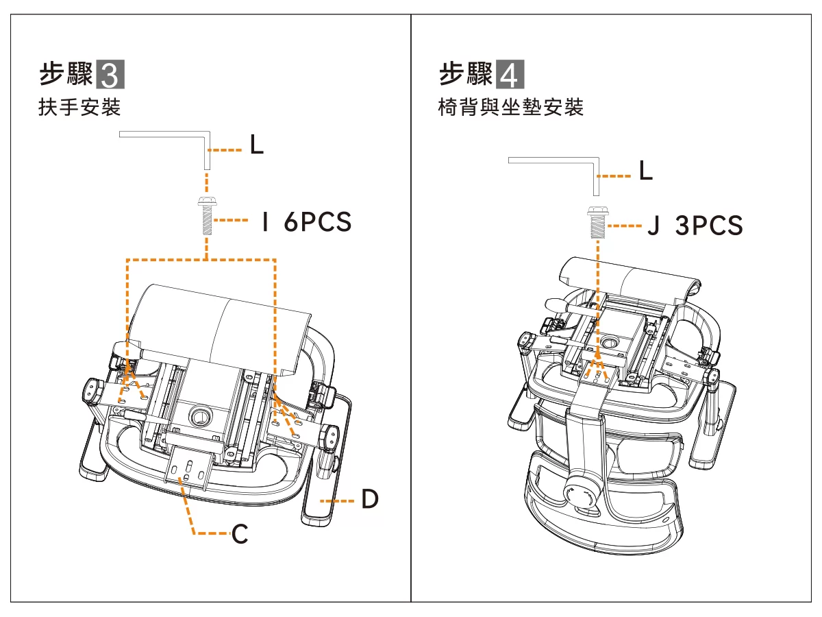 步驟扶手安裝L01 6PSCD步驟 椅背與坐墊安裝LJ 3PCS